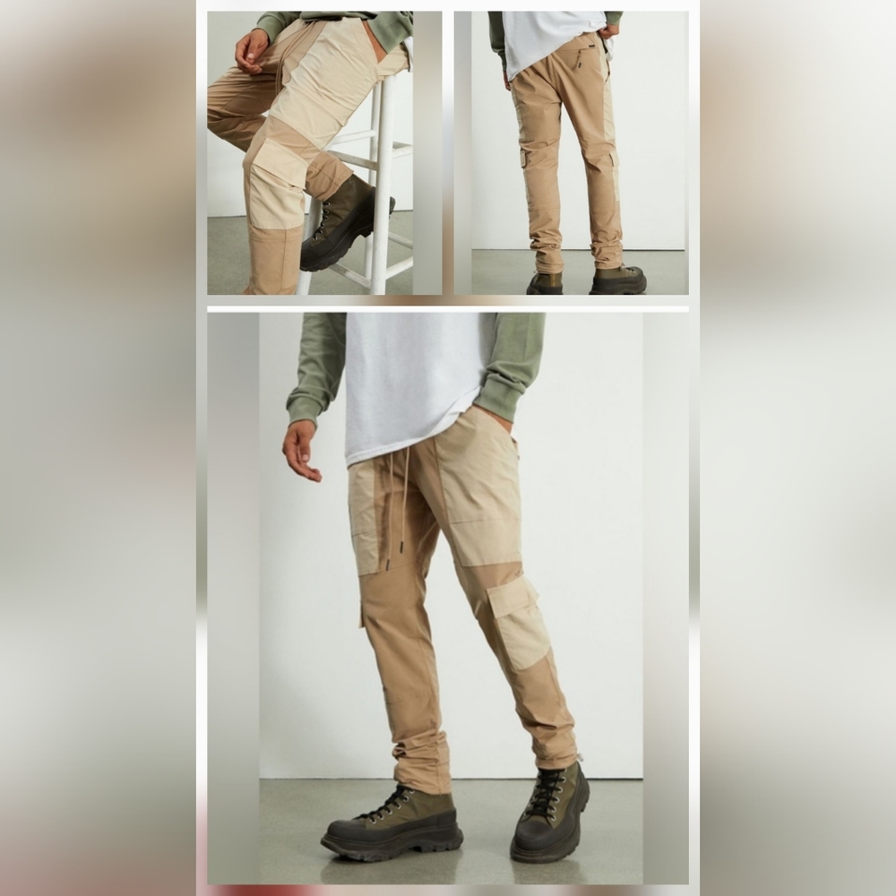 Men's Patchwork Cargo Pants Khaki/Tan Color Streetwear Grunge Utility Y2K Large